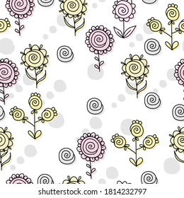 Seamless pattern with doodle flowers with a spiral core, round gray spots with plant and twisted elements on a white background, vector illustration for design and creativity