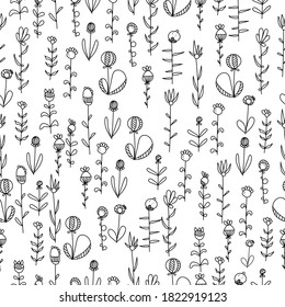 Seamless pattern of doodle flowers of various shapes and sizes in a horizontal position, arranged chaotically contoured plants, vector outline illustration for design and creativity
