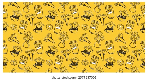 Seamless pattern with doodle flowers, vase and coffee cup. Vector spring design.