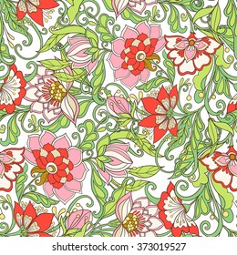 Seamless pattern with doodle flowers. Vintage decorative elements. Hand drawn background. Perfect for printing on fabric or paper.
