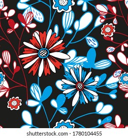 patrón sin costura, flores de doodle, blanco, rojo, azul, sobre fondo negro, ilustración vectorial para impresión, papel, textiles