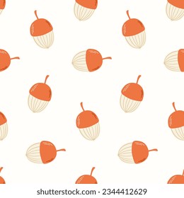 Seamless pattern of doodle forest acorns on isolated background. Hand drawn background for Autumn harvest holiday, Thanksgiving, Halloween, seasonal, textile, scrapbooking.