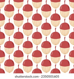 Seamless pattern of doodle forest acorns on isolated background. Hand drawn background for Autumn harvest holiday, Thanksgiving, Halloween, seasonal, textile, scrapbooking.