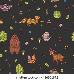 Seamless pattern with doodle forest animals