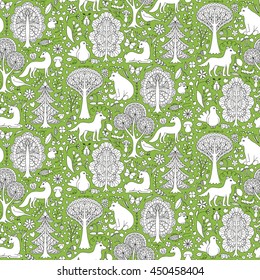 Seamless pattern of doodle forest animals and plants. Vector illustration of childish woodland