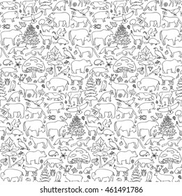 Seamless pattern of Doodle Forest Animals and Plants
