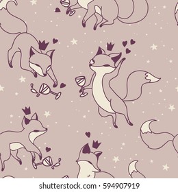 seamless pattern with doodle foxes drinking wine, vector illustration