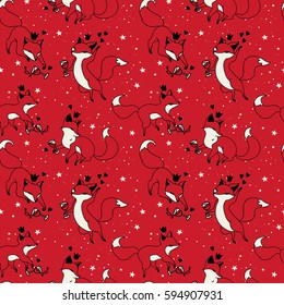 seamless pattern with doodle foxes drinking wine, red and black color, vector illustration