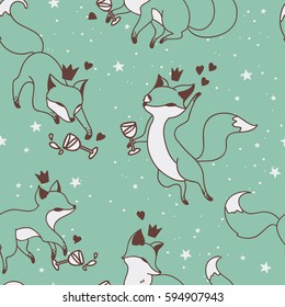 seamless pattern with doodle foxes drinking wine, vector illustration
