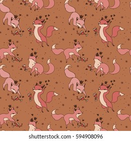 seamless pattern with doodle foxes drinking wine, vector illustration