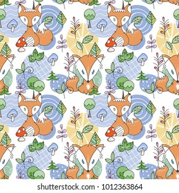 Seamless pattern with doodle foxes and woods. Wild background with cute scandinavian animals. Vector illustration.