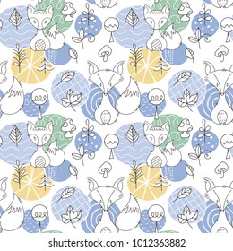 Seamless pattern with doodle foxes and woods. Wild background with cute scandinavian animals. Vector illustration.