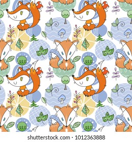 Seamless pattern with doodle foxes and woods. Wild background with cute scandinavian animals. Vector illustration.