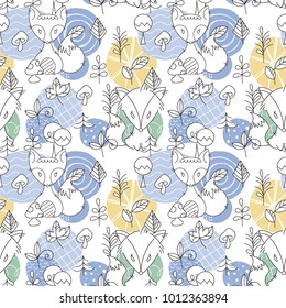 Seamless pattern with doodle foxes and woods. Wild background with cute scandinavian animals. Vector illustration.