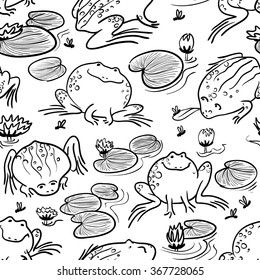 Seamless pattern with doodle frogs
