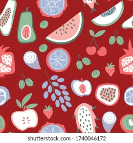 Patrón sin foco con frutos de doodle y bayas. Fondo de la comida.
