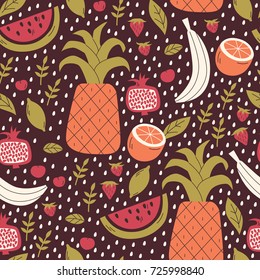 Seamless Pattern with Doodle Fruits and Berries.