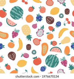 Seamless pattern with doodle fruits on white background. Hand drawn organic fresh food. Exotic and tropical fruits. Vector illustration.