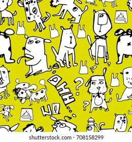 seamless pattern with doodle funny dogs. stylized forms. black and white. Vector