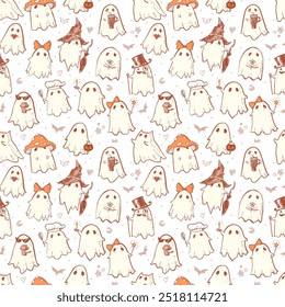 Seamless pattern of doodle ghosts in various costumes on a white background. Can be used for wallpaper, pattern fills, textile, web page background, surface textures