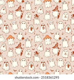 Seamless pattern of doodle ghosts in various costumes on a light beige background. Can be used for wallpaper, pattern fills, textile, web page background, surface textures