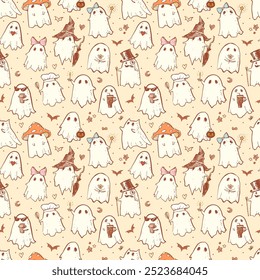 Seamless pattern of doodle ghosts in various costumes on a light yellow background. Can be used for wallpaper, pattern fills, textile, web page background, surface textures