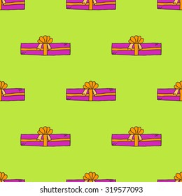 Seamless pattern with doodle gift box on red background. Cute vector illustration