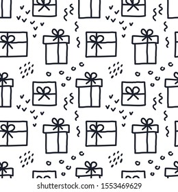 Seamless pattern of doodle Gift boxes with ribbon . Hand drawn Vector