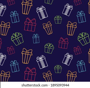 Seamless pattern with doodle gift boxes. Vector colored gift boxes silhouette
