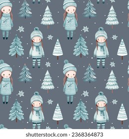 Seamless pattern with doodle girl and christmas trees. Vector hand drawn christmas elements. Winter background