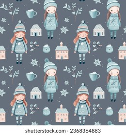 Seamless pattern with doodle girl and houses. Vector hand drawn christmas elements. Winter background