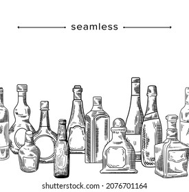 Seamless Pattern with Doodle Glass Bottles of Various Shapes Vodka, Rum, Beer, Whiskey Alcohol Drinks Empty Flasks, Hand Drawn Border or Sketch Frame with Engraved Elements. Linear Vector Illustration