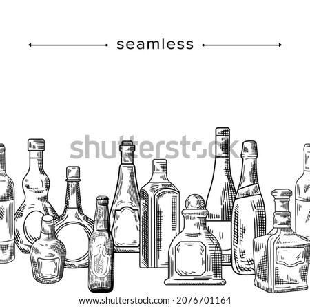 Seamless Pattern with Doodle Glass Bottles of Various Shapes Vodka, Rum, Beer, Whiskey Alcohol Drinks Empty Flasks, Hand Drawn Border or Sketch Frame with Engraved Elements. Linear Vector Illustration