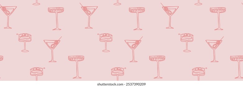 Seamless pattern with doodle glasses with drinks. Design for menu, restaurant, food. Hand drawn vector illustration.
