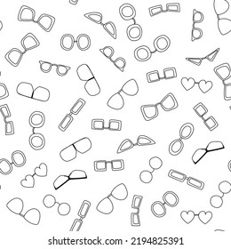 Seamless pattern with doodle glasses. Vector sketch illustration of black outline eyeglasses, linear sunglasses for wrapping papper, design, print.