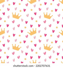 Seamless pattern with doodle gold crowns, hearts and stars. Vector baby girl wallpaper, Little princess design.  Can be used to design children's clothing, birthday invitation.