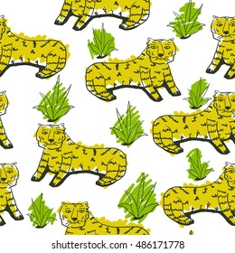 seamless pattern doodle graphic tigers cartoon. Child drawing style wild animal background.