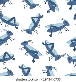 Seamless pattern with doodle grasshoppers on white background. Hand drawn stylized insects. Vector illustration.