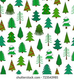 Seamless pattern with doodle green fir trees.
