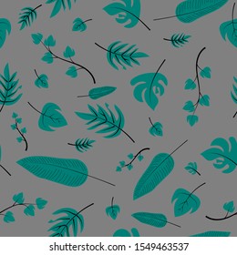 Seamless pattern of doodle green leave on gray background for wallpaper, paper business, fabric work, paper print. Vector design.
