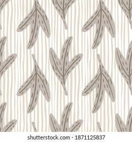 Seamless pattern with doodle grey outline leaves silhouettes. Light striped background. Nature print. Great for fabric design, textile print, wrapping, cover. Vector illustration.