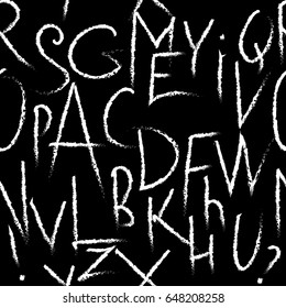 Seamless pattern with doodle grunge letters of the whole english alphabet . Black background with white hand drawn lettering. Vector isolated texture.