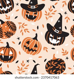 Seamless pattern of doodle Halloween pumpkins with fall leaves. Perfect for fall, Halloween, holidays, fabric, textile.
