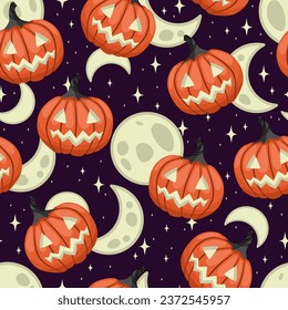 Seamless pattern of doodle Halloween pumpkins with moons. Perfect for Halloween, holidays, fabric, textile.