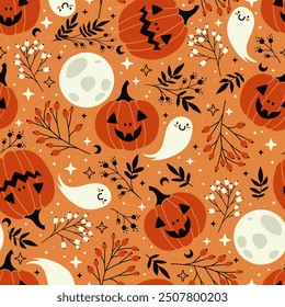 Seamless pattern of doodle Halloween pumpkins, ghosts and moons. Perfect for Halloween, holidays, fabric, textile.