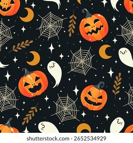 Seamless pattern of doodle Halloween pumpkins, web, ghosts and moons. Perfect for Halloween, holidays, fabric, textile.
