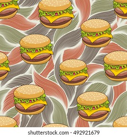 Seamless pattern with doodle hamburger on the artistic background. Endless burger illustration in vector.