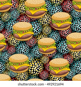 Seamless pattern with doodle hamburger on the artistic background. Endless burger illustration in vector.