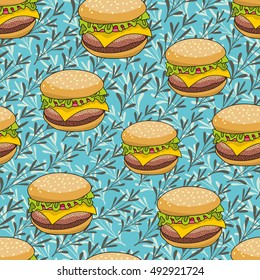 Seamless pattern with doodle hamburger on the artistic background. Endless burger illustration in vector.