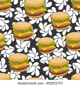 Seamless pattern with doodle hamburger on the artistic background. Endless burger illustration in vector.
